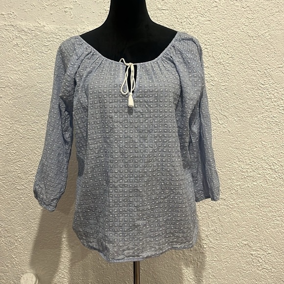 J.Crew Light Blue & White Poet Sleeve Clip Dot Textured Top Blouse 3/4 Sleeve M - Picture 5 of 7